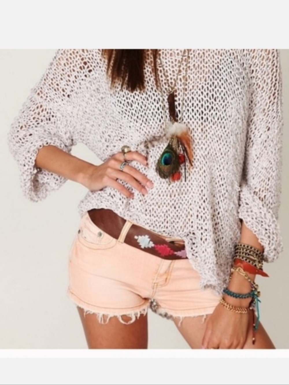 Free People Beach Tape Yarn Loose Knit BLUE Sweater